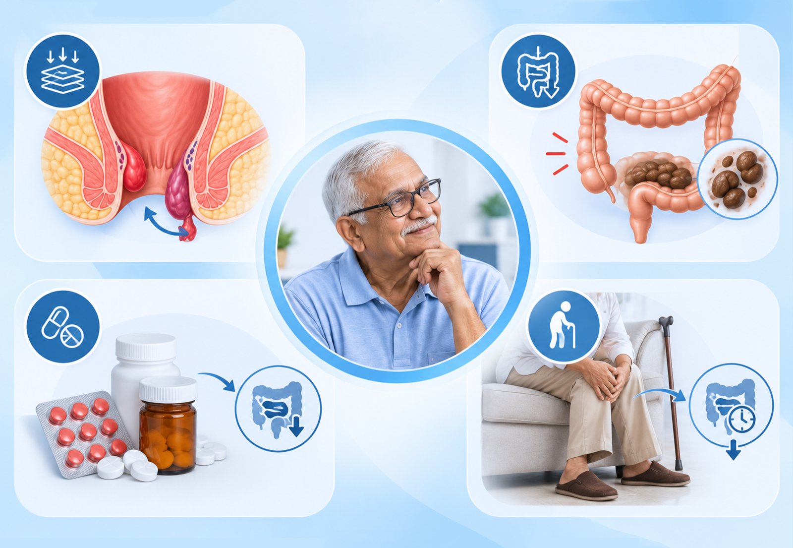 Doctor consulting an elderly patient about piles treatment at a clinic in Rohini, Delhi.